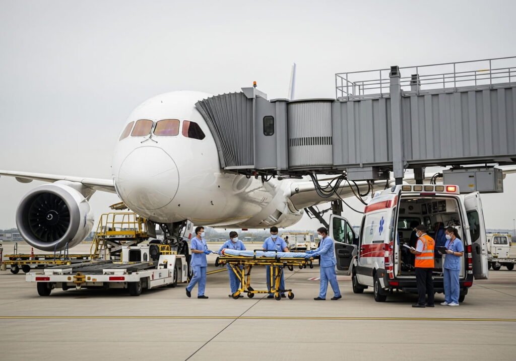 Aircraft at gate with medical staff presence