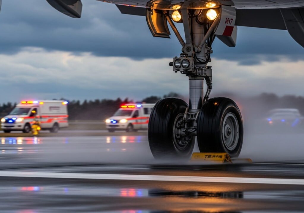 Aircraft landing with emergency services nearby