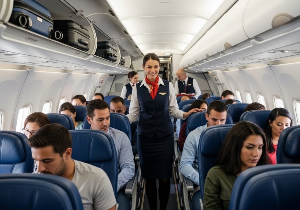 Airplane cabin interior with passengers seated