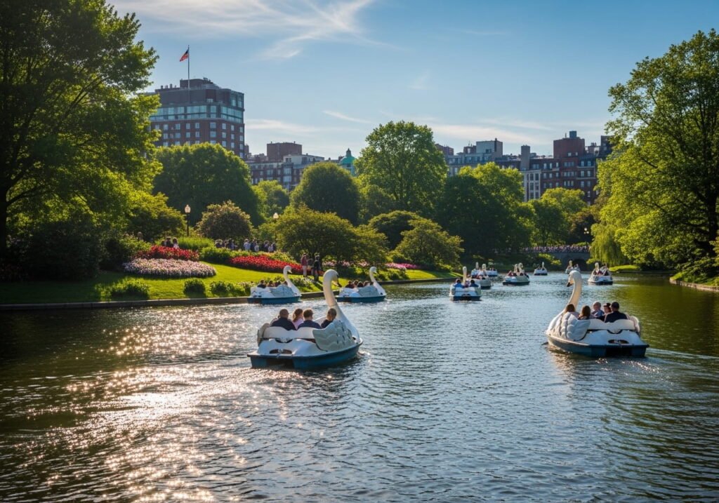 Boston Public Garden swan boats on lagoon
