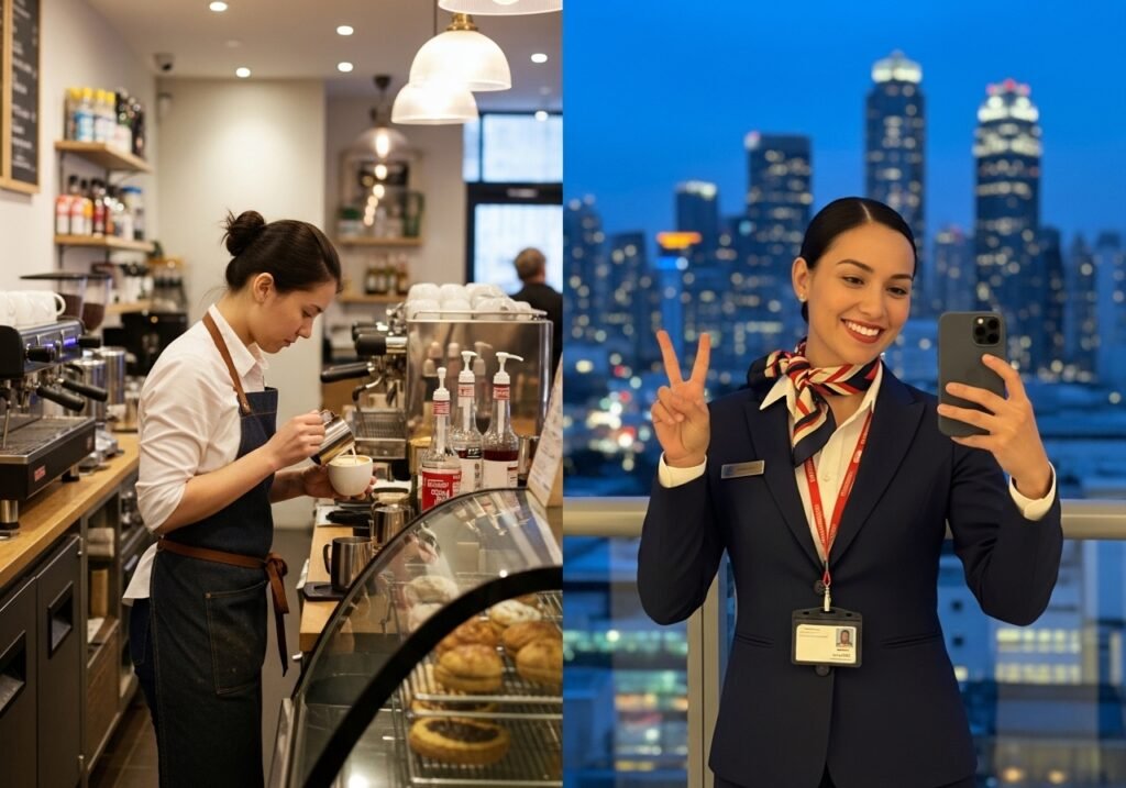 Cabin crew taking selfie during international layover at hotel