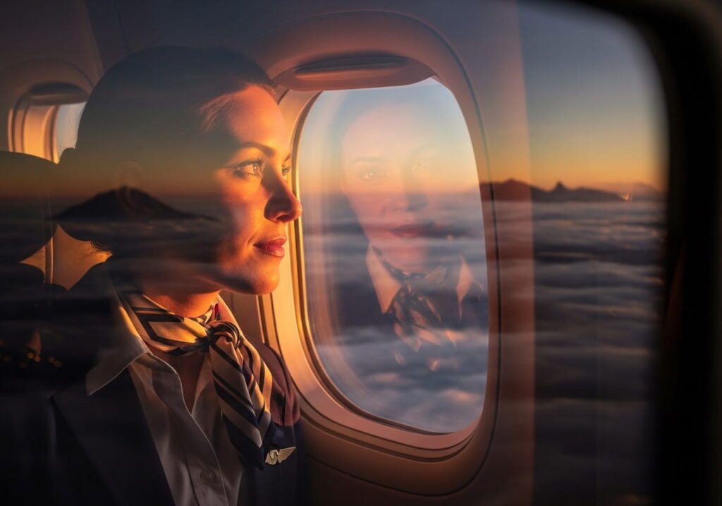 Flight attendant looking out airplane window 