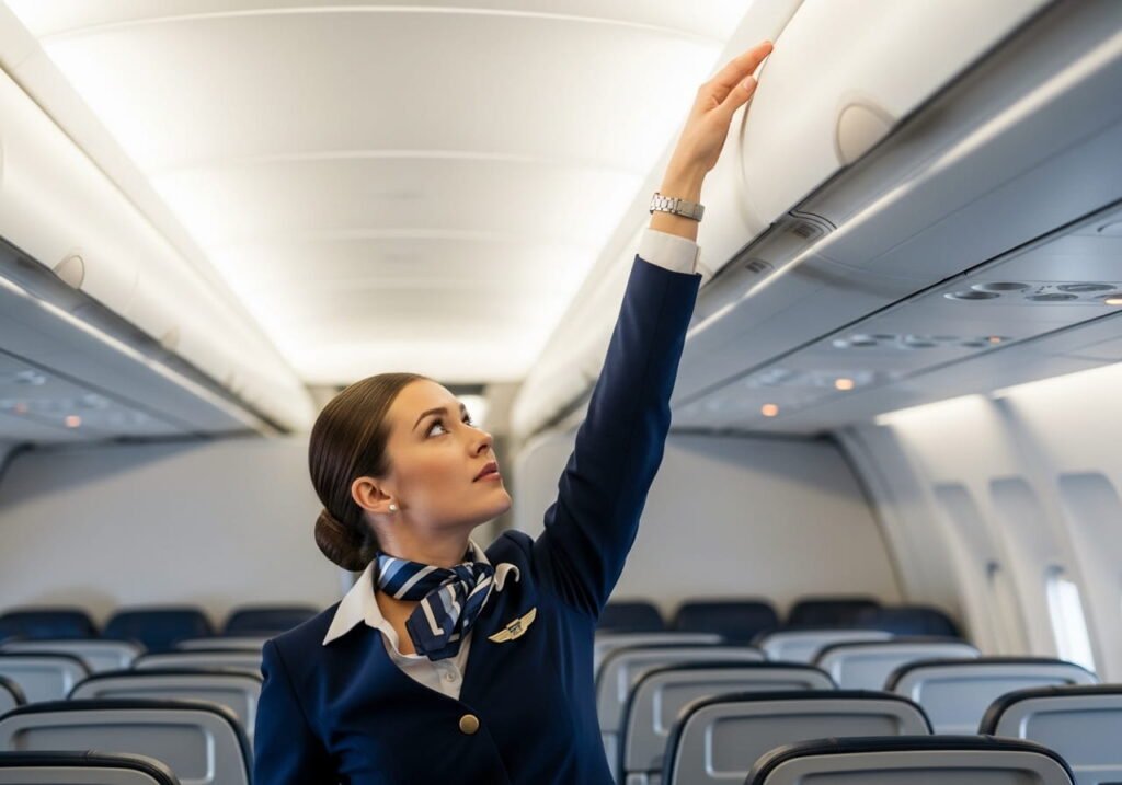 Flight attendant reaching overhead bin demonstrating height requirement