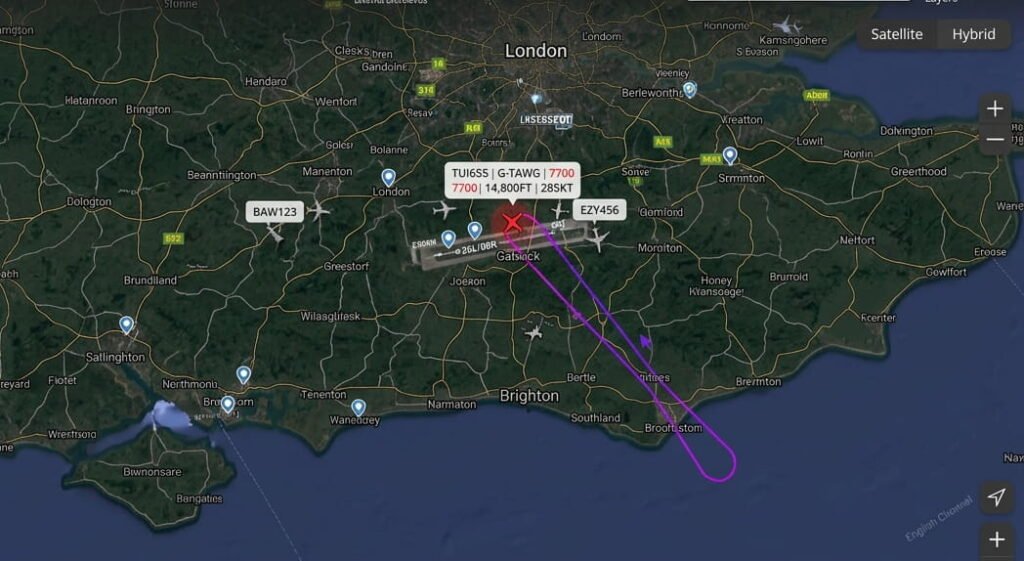 Flightradar24 map showing an EasyJet flight path returning to Gatwick airport.