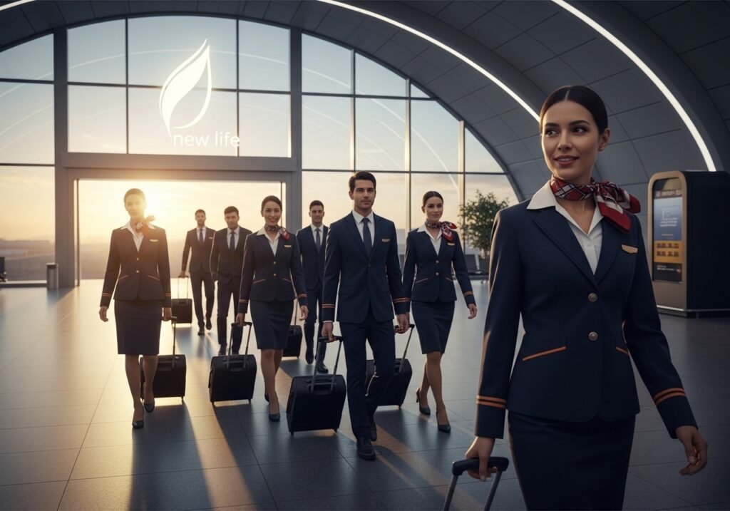 Persons walking toward departure gate (symbolic “new life”)