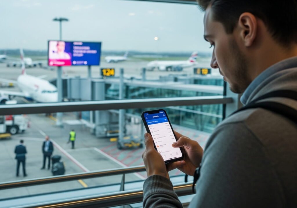 Traveler checking flight status on phone (BA app )