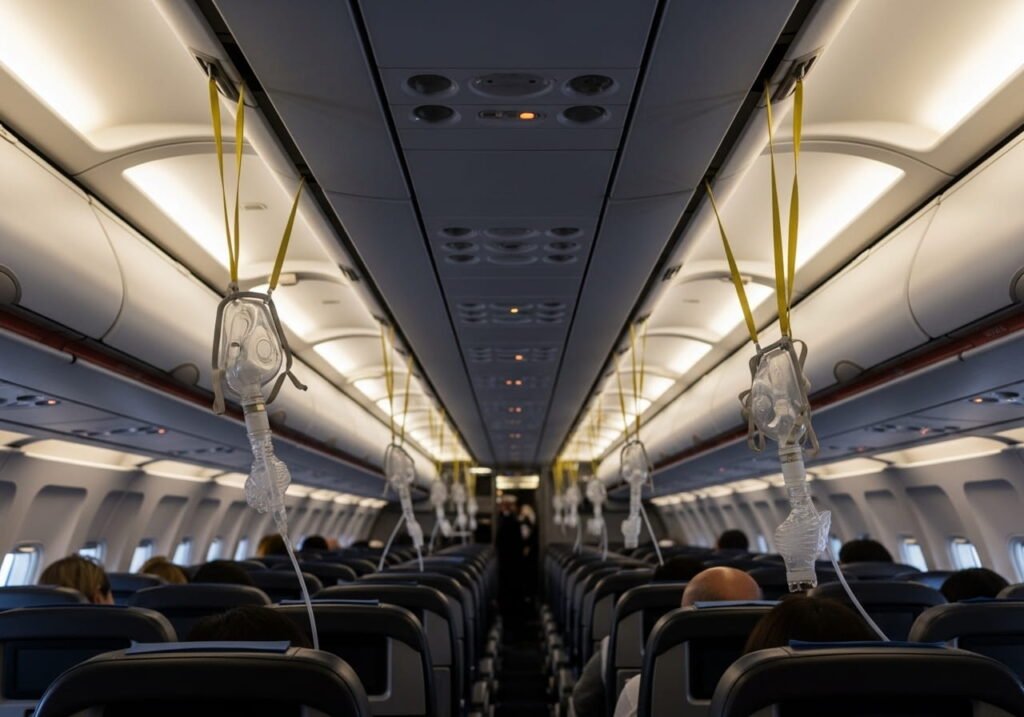 british airways Interior cabin image showing oxygen masks deployed