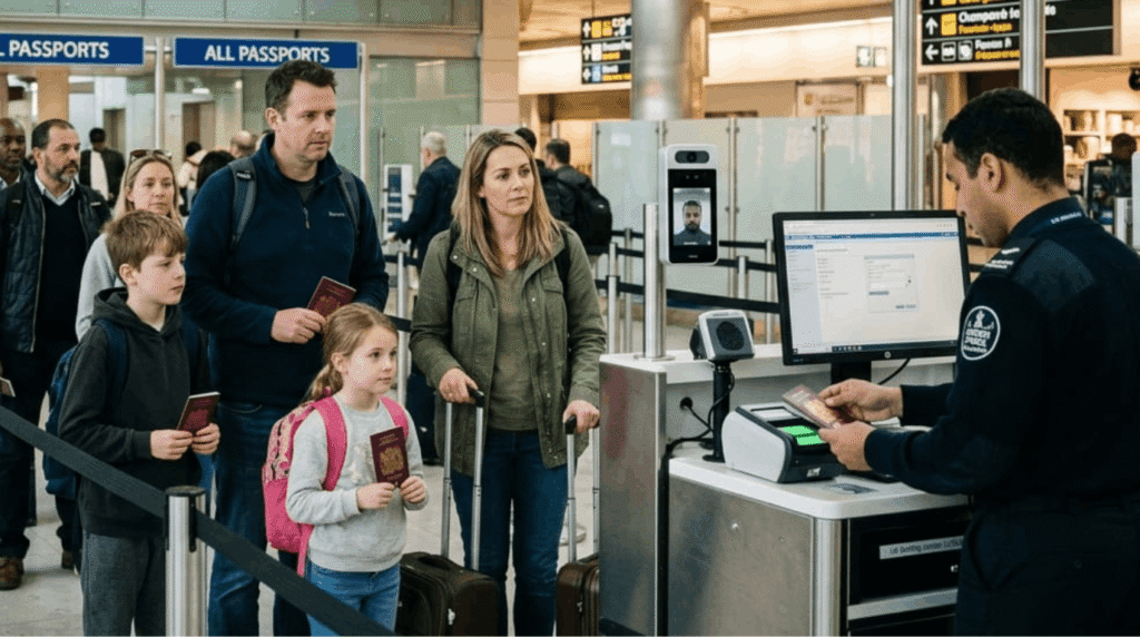 A family at a 2026 airport border control counter in France with signs explaining the EES and ETIAS entry requirements for UK citizens.