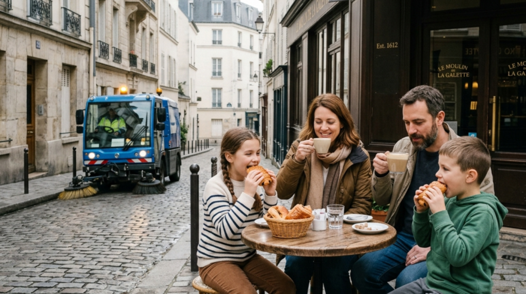 A family of four enjoying a quiet morning breakfast with croissants and coffee at a small cafe on Rue Lepic in Montmartre, Paris, without crowds.