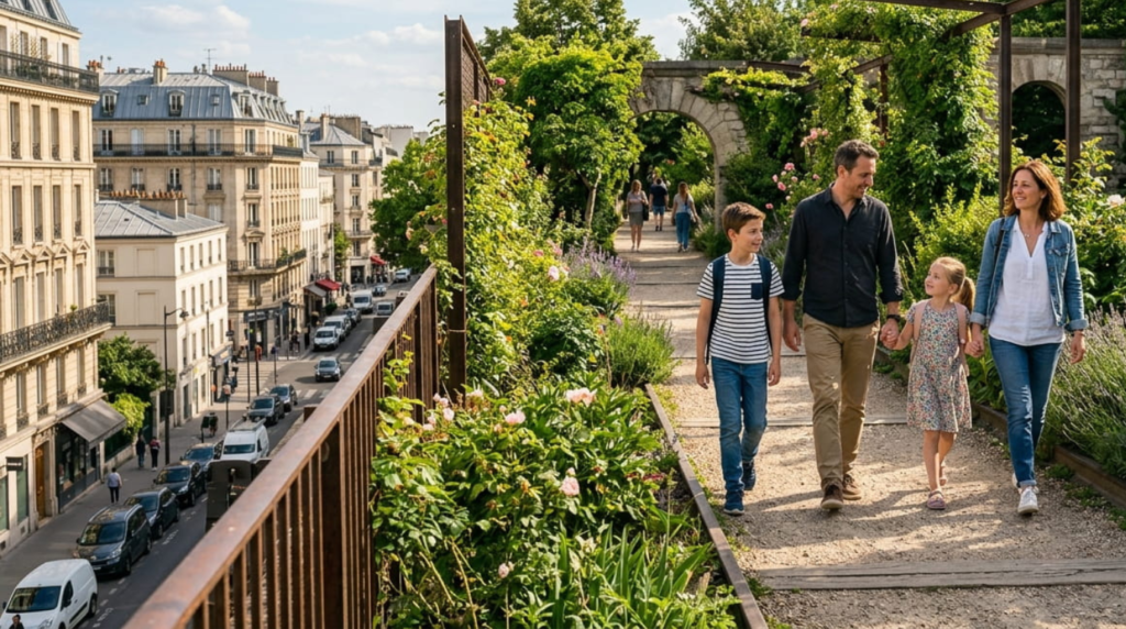 A family walking along the elevated, tree-lined garden path of the Promenade Plantée (Coulée Verte) in Paris's 12th arrondissement.