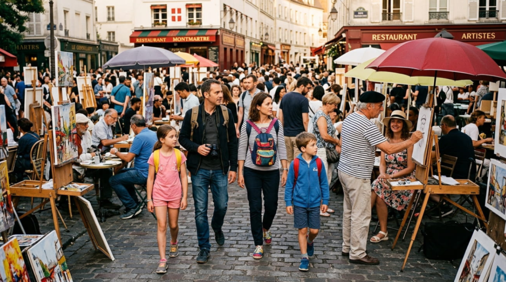 A family walking through the busy Place du Tertre in Montmartre, passing by local portrait artists and crowded outdoor easels.
