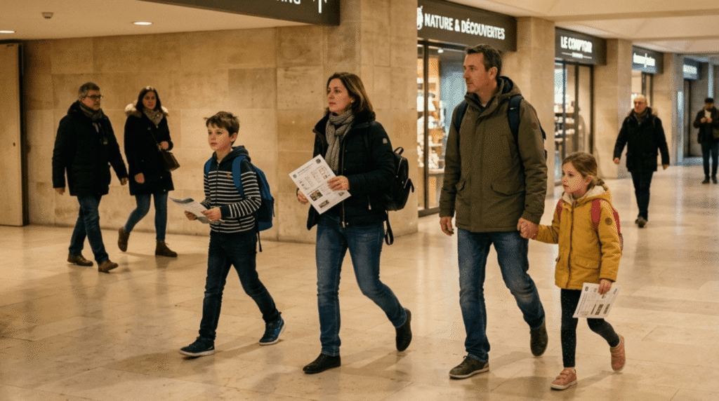 A family with children walking toward the quiet Richelieu Wing entrance of the Louvre Museum to skip the long pyramid queues.