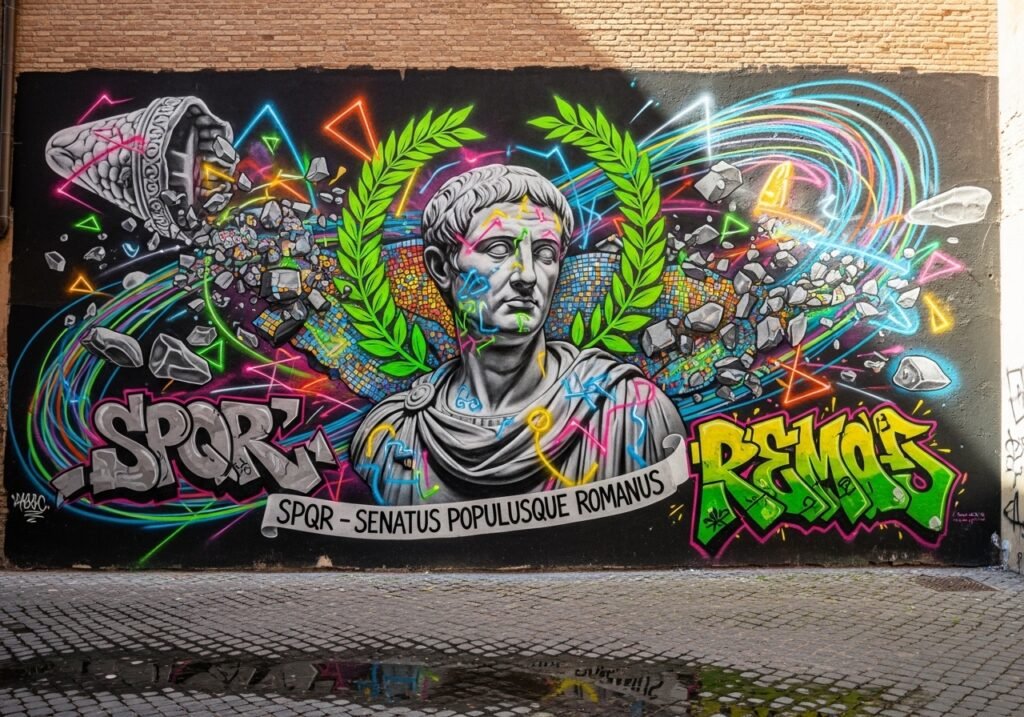 Colorful street art mural in Roman alleyway