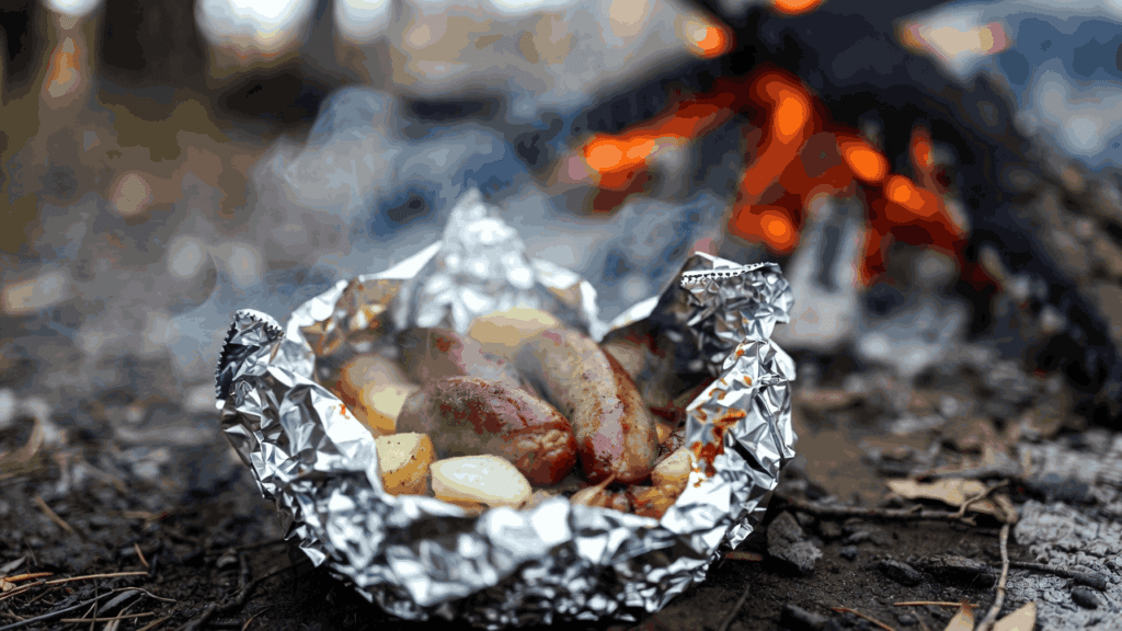Foil packet opened at campsite revealing roasted sausage, potatoes and onions