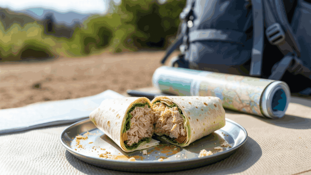 Fresh tuna salad wrap cut in half on camping plate