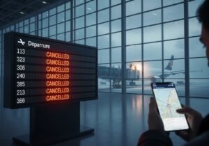 KLM and British Airways flight cancellation status board at a snowy airport terminal in 2026 with a passenger checking travel alternatives.