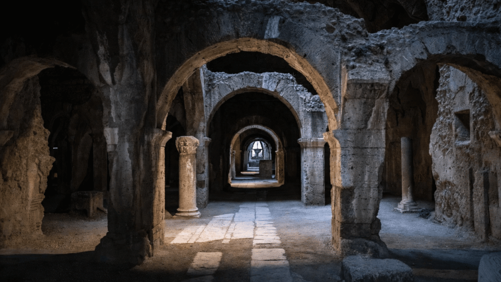 Layered underground basilica ruins in Rome 