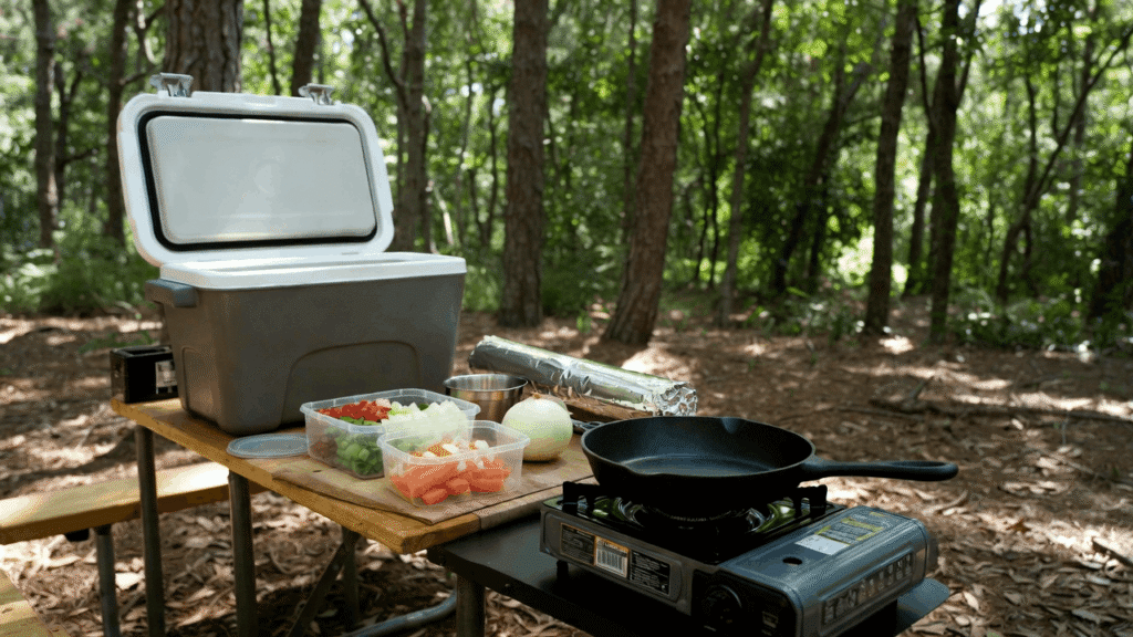 Organized campsite cooking setup with cooler, cast iron skillet, portable camping stove, foil, chopped vegetables in containers