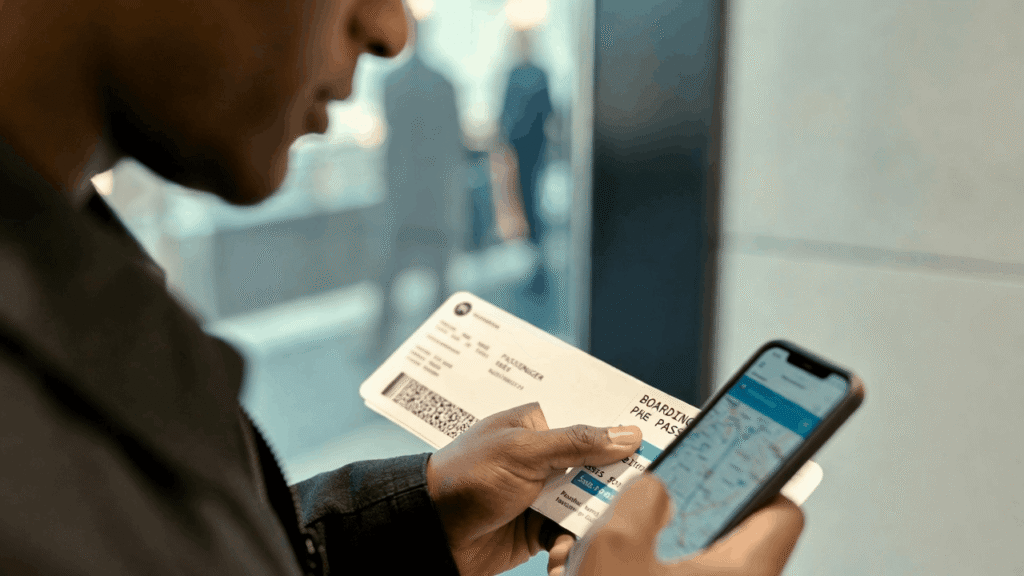 Person holding boarding pass while checking phone