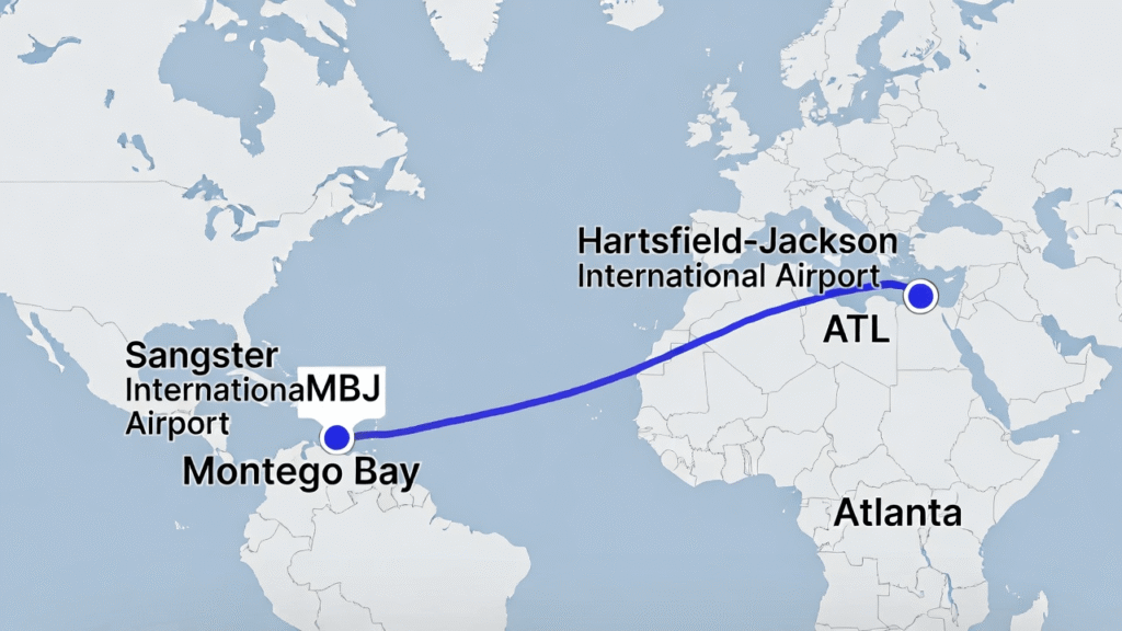 Route map graphic
Montego Bay (MBJ) → Atlanta (ATL) with a flight path line.