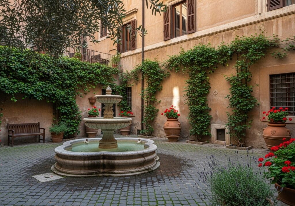Secluded courtyard behind historic Roman palazzo