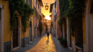 Artistic view of hidden Rome featuring cobblestone alleys, street art, and a traditional trattoria setting