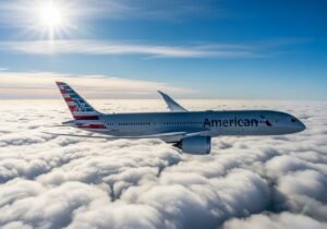 A Boeing 787-9 Dreamliner in American Airlines livery flying above clouds.