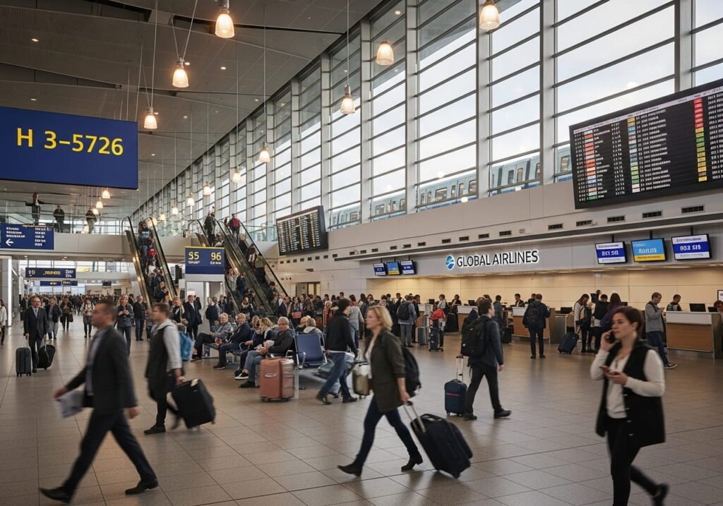 Busy airport terminal with crowds