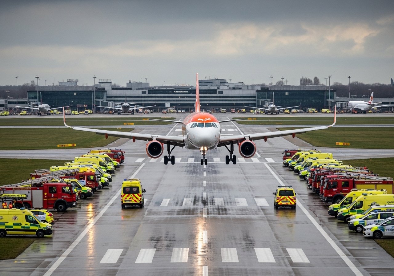 EasyJet Airbus A320 performing precautionary landing at London Gatwick Airport with emergency services on standby