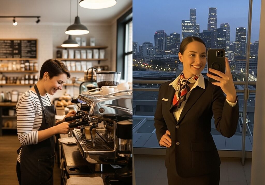 New flight attendant in uniform serving passengers on plane
