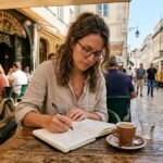 Solo traveler writing in a notebook at a café in Lisbon, Portugal, 2026