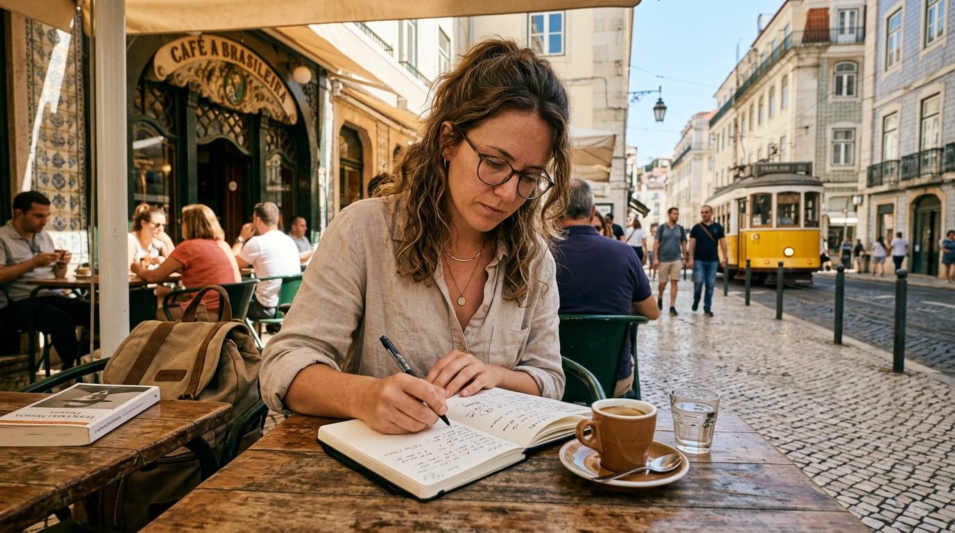 Solo traveler writing in a notebook at a café in Lisbon, Portugal, 2026