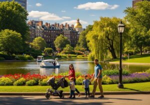 Boston Public Garden swan boats with skyline and greenery.