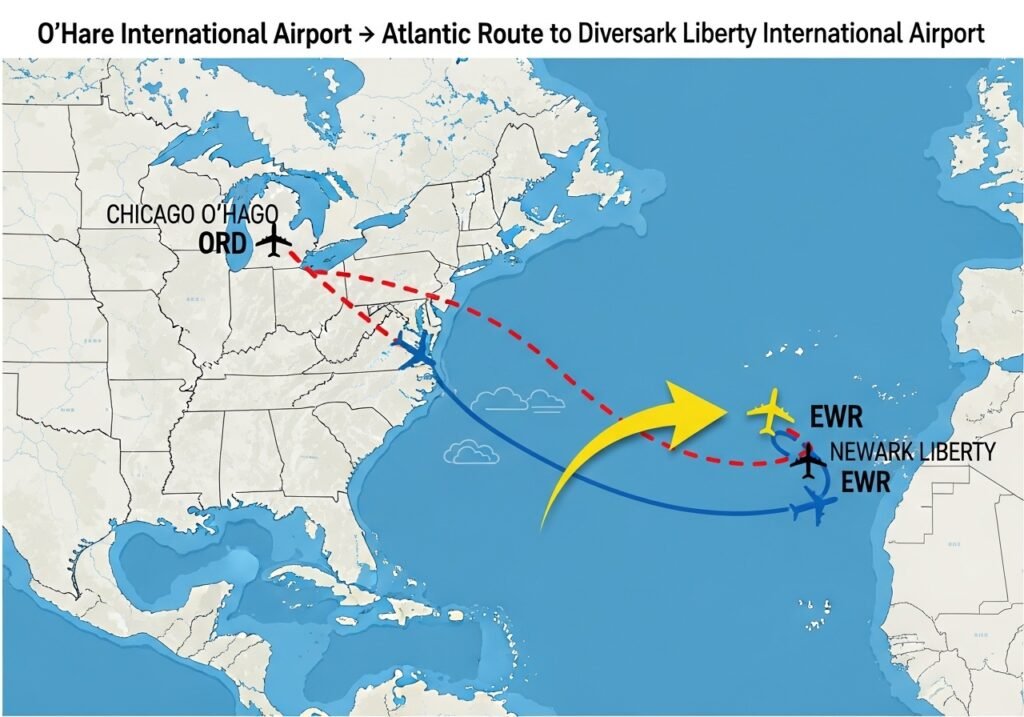 Visual route showing diversion.  O'Hare International Airport → Atlantic route → diversion to Newark Liberty International Airport