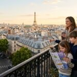A candid, warm photo of a family looking out over the Parisian rooftops and the distant Eiffel Tower from their apartment balcony.