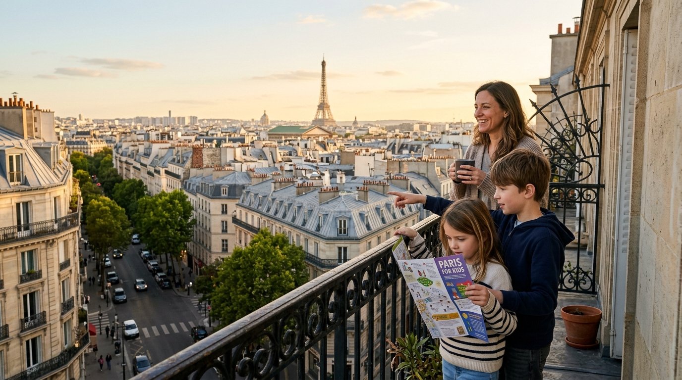 A candid, warm photo of a family looking out over the Parisian rooftops and the distant Eiffel Tower from their apartment balcony.