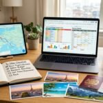 Organized travel planning desk with a laptop showing a 2026 itinerary, a 5-step checklist notebook, and a passport.