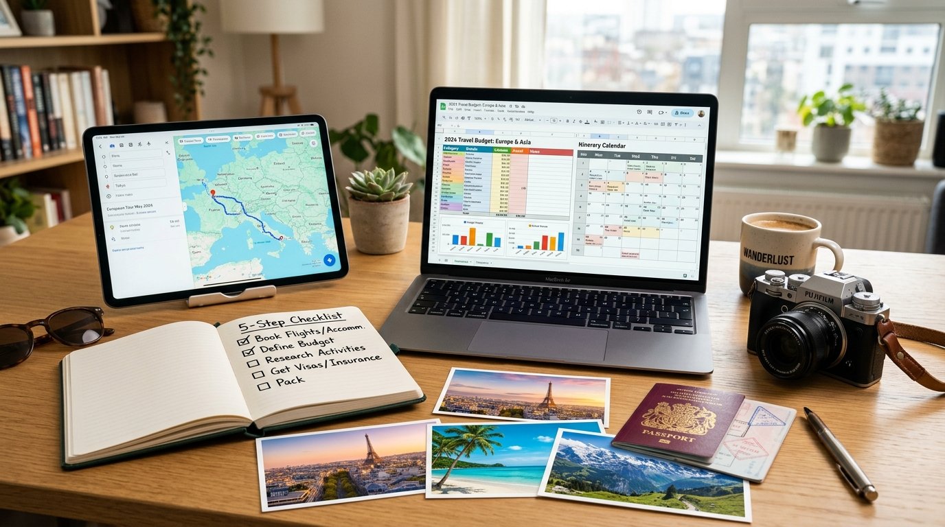 Organized travel planning desk with a laptop showing a 2026 itinerary, a 5-step checklist notebook, and a passport.