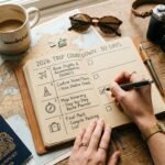 A top-down photograph of a wooden desk prepared for travel planning. An open planner dominates the center, displaying a handwritten, 4-week countdown for a 2026 trip. The planner is clearly organized with headers for "Book Flights," "Visas & Tours," "Final Itinerary," and "Packing List." A traveler’s hand is poised with a pen, checking off a completed task in the itinerary section. Surrounding the notebook are a passport, a camera, sunglasses, and a partial world map. The image represents a organized approach to the travel countdown process.