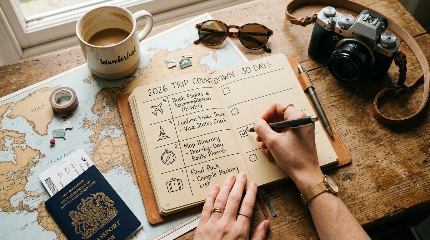 A top-down photograph of a wooden desk prepared for travel planning. An open planner dominates the center, displaying a handwritten, 4-week countdown for a 2026 trip. The planner is clearly organized with headers for "Book Flights," "Visas & Tours," "Final Itinerary," and "Packing List." A traveler’s hand is poised with a pen, checking off a completed task in the itinerary section. Surrounding the notebook are a passport, a camera, sunglasses, and a partial world map. The image represents a organized approach to the travel countdown process.