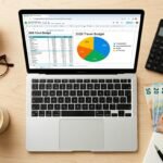 A top-down view of a digital travel budgeting setup. A laptop screen shows a 2026 travel budget spreadsheet with a pie chart breakdown. Surrounding the computer are a calculator, international currency, and a passport on a white desk. The image illustrates an organized approach to financial planning for a trip using the 4-category system.