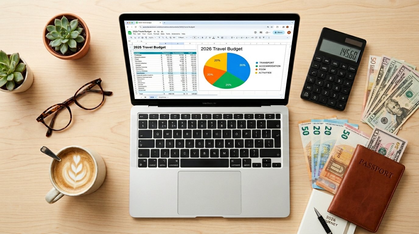 A top-down view of a digital travel budgeting setup. A laptop screen shows a 2026 travel budget spreadsheet with a pie chart breakdown. Surrounding the computer are a calculator, international currency, and a passport on a white desk. The image illustrates an organized approach to financial planning for a trip using the 4-category system.