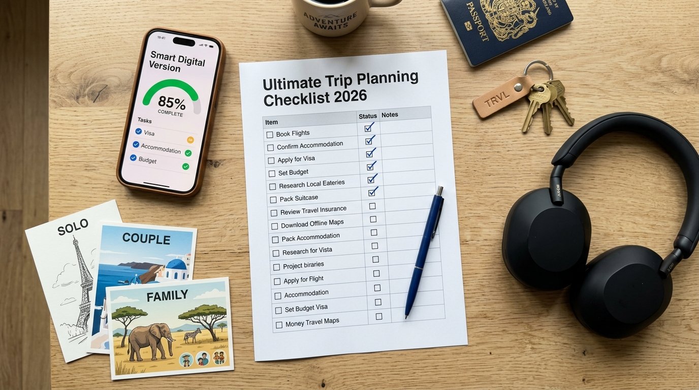 A top-down photograph of a travel planning setup featuring a printed 2026 trip planning checklist with checkmarks and a smartphone displaying a digital version of the same list. The scene includes travel essentials like a passport and headphones, representing an organized preparation process for solo, couple, or family trips.